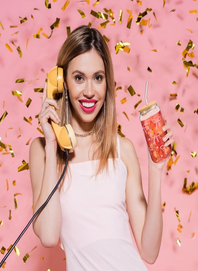 هوليري كوب هوليري كوكيت ذو فيونكة، كوب زجاجي أنيق سعة 16 أونصة باللون الوردي مع غطاء وماصة، جرة شرب عتيقة الطراز للفتيات والسيدات، هدايا حفلات عيد الحب وأعياد الميلاد (فيونكة) - Image 4